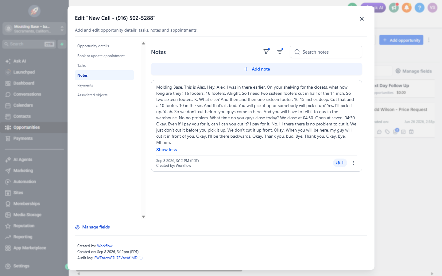 The Notes tab inside a deal with an automatic call transcript