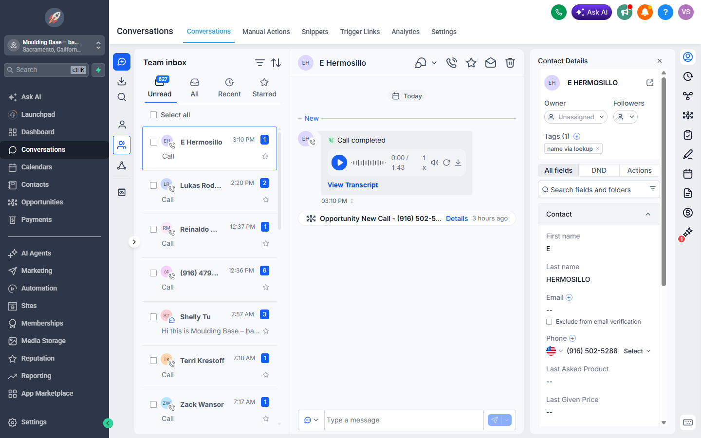 The Conversations screen with the team inbox, a call recording and the message box
