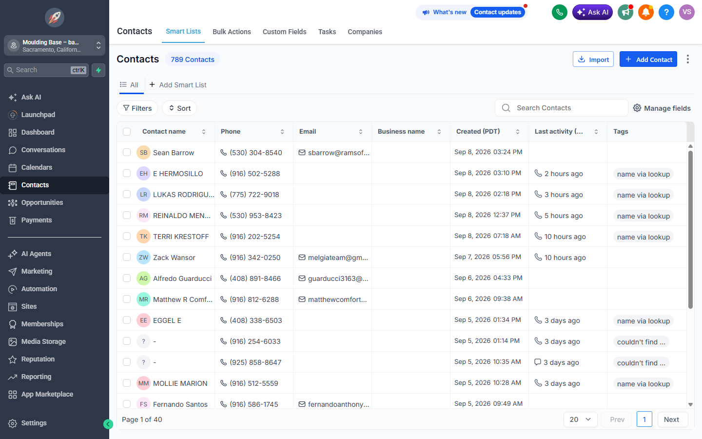 The contacts list with name, phone, email and last activity columns