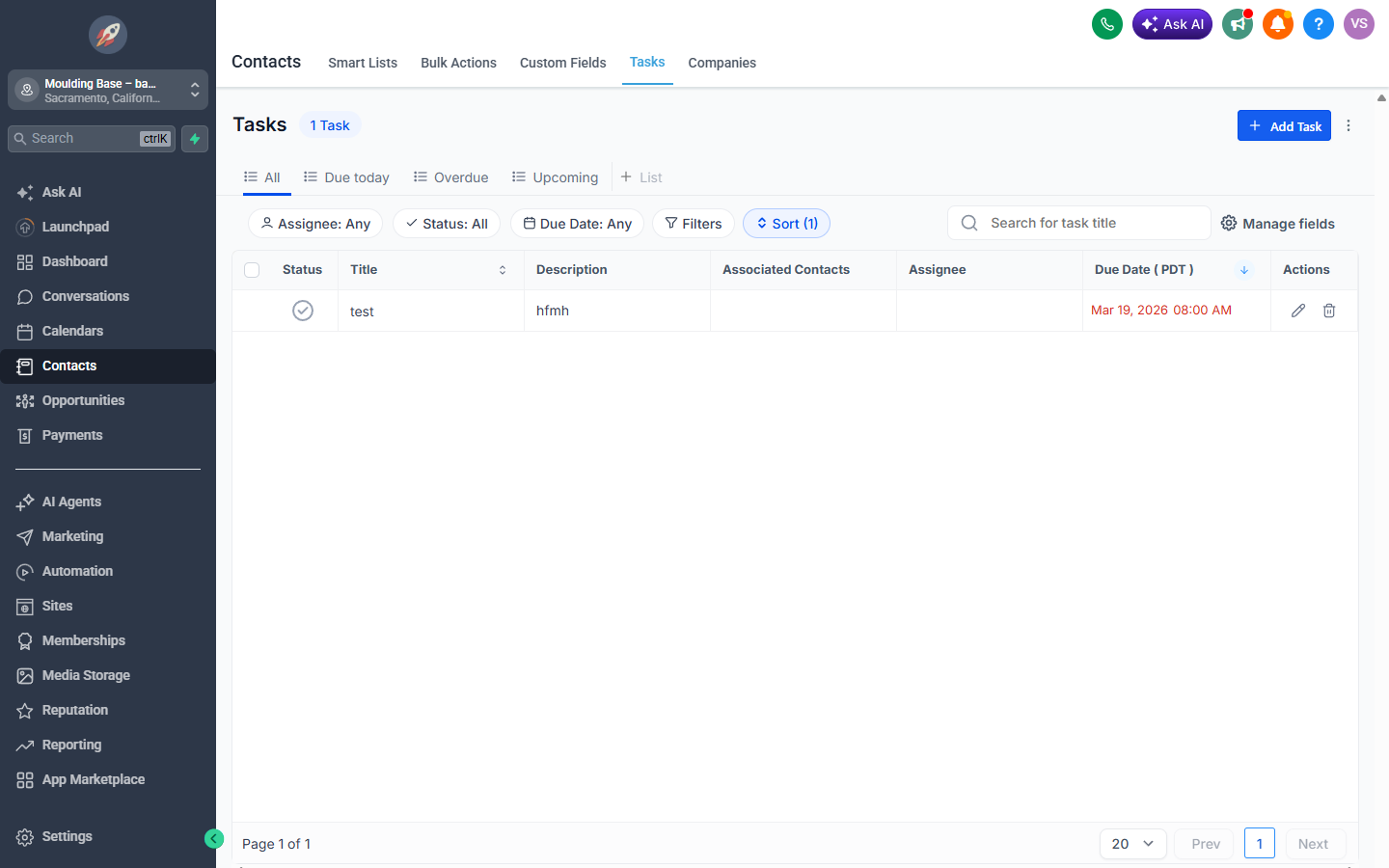 The tasks list with Due today, Overdue and Upcoming filters