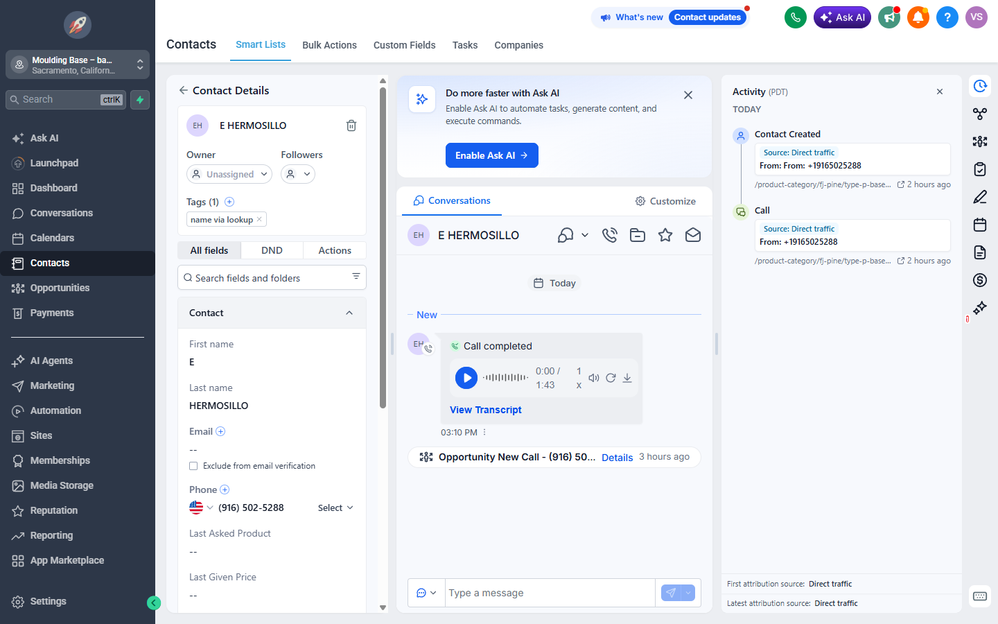 A contact card with details, conversation and activity columns